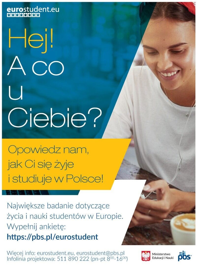 Plakat EUROSTUDENT zapraszający do badania życia i nauki studentów w Europie. Ankieta: https://pbs.pl/eurostudent.