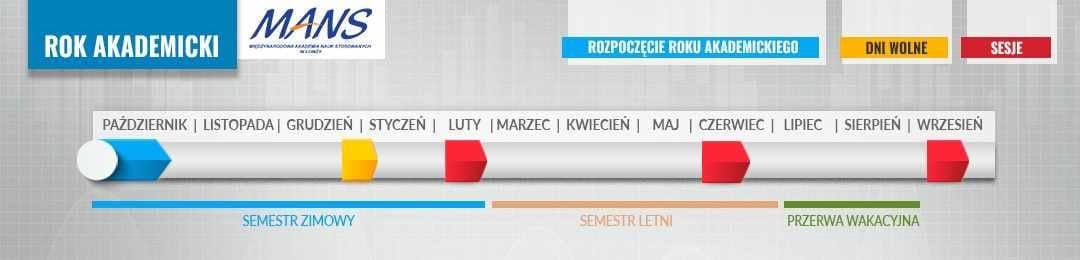Schemat roku akademickiego z podziałem na semestr zimowy, semestr letni i przerwę wakacyjną