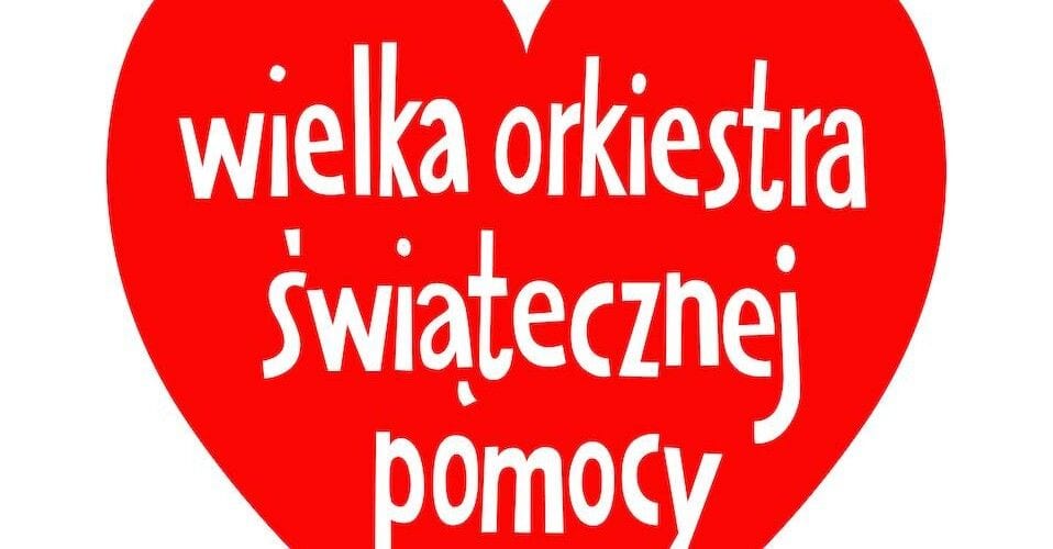 Czerwone serce z białym napisem „Wielka Orkiestra Świątecznej Pomocy”.