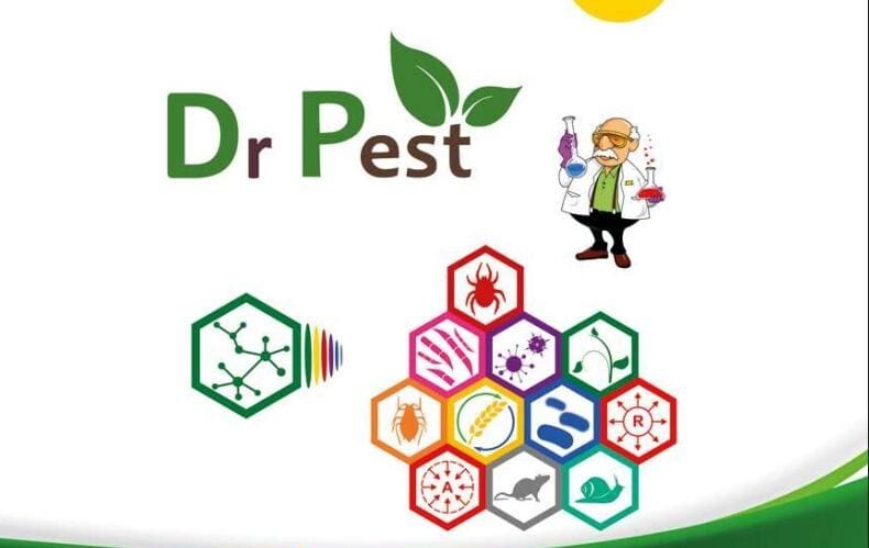 Grafika „Dr Pest” z postacią naukowca i symbolami związanymi z ochroną roślin.