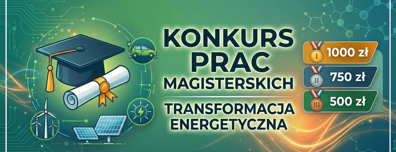 Plakat konkursu prac magisterskich o transformacji energetycznej, z nagrodami 1000, 750 i 500 zł.