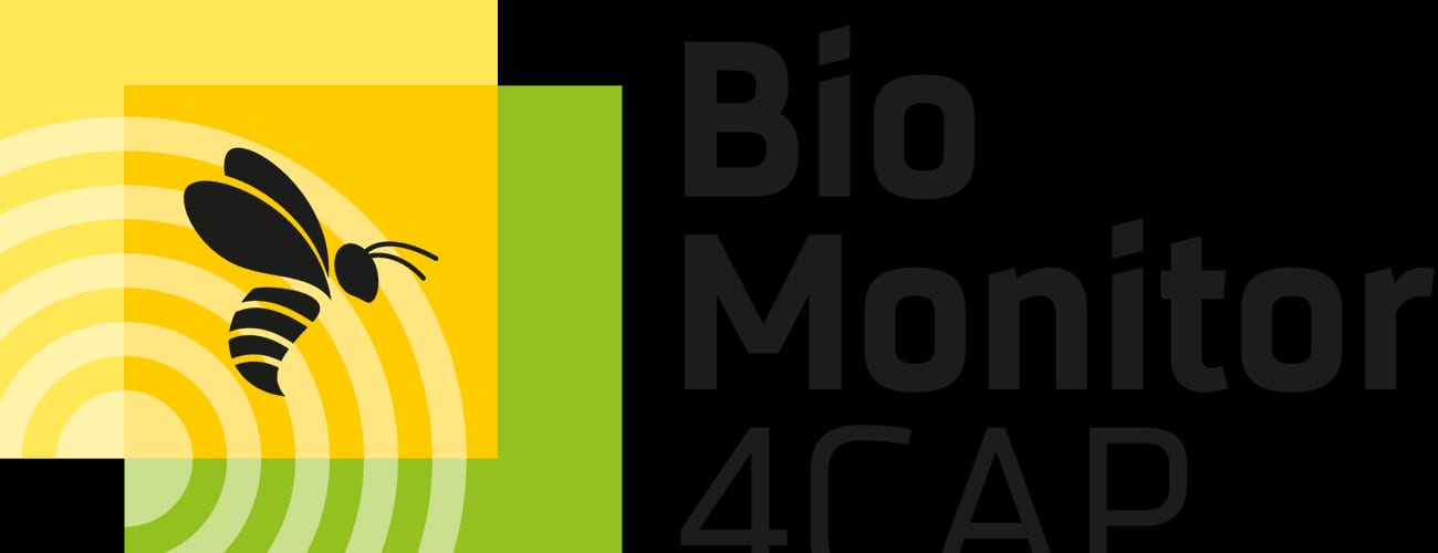 Logo BioMonitor4CAP z sylwetką owada na żółto-zielonym tle.