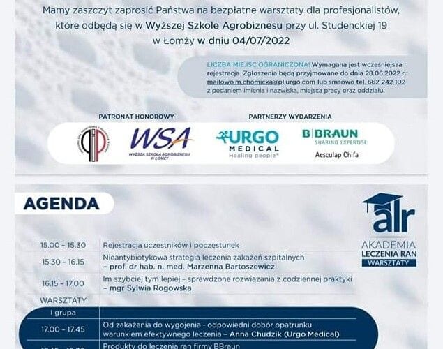 Zaproszenie i program bezpłatnych warsztatów leczenia ran w WSA w Łomży, 4 lipca 2022 r.