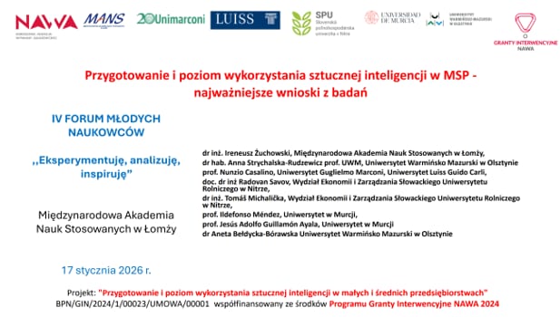 Slajd tytułowy „Przygotowanie i poziom wykorzystania sztucznej inteligencji w MŚP – najważniejsze wnioski z badań”.