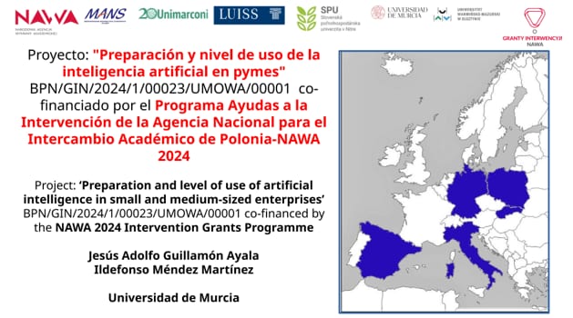Slajd prezentacji o przygotowaniu i wykorzystaniu sztucznej inteligencji w małych i średnich przedsiębiorstwach, z mapą Europy.