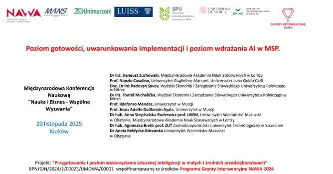 Slajd tytułowy „Poziom gotowości, uwarunkowania implementacji i poziom wdrażania AI w MŚP”.