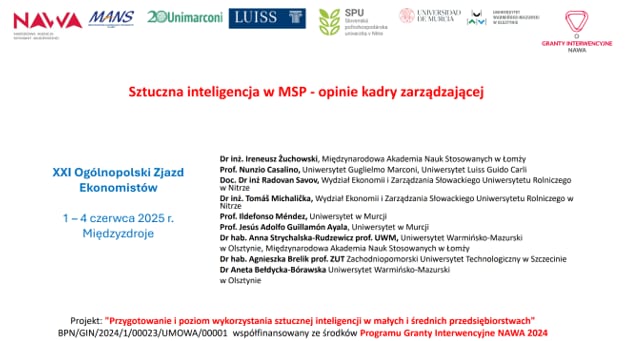 Slajd tytułowy „Sztuczna inteligencja w MŚP – opinie kadry zarządzającej”.