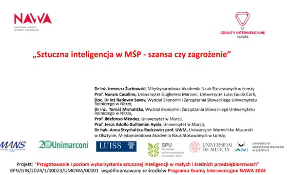 Slajd tytułowy „Sztuczna inteligencja w MŚP – szansa czy zagrożenie”.
