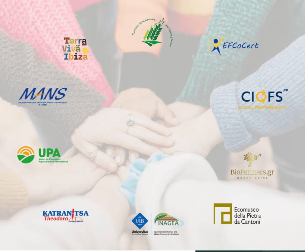 Logotypy partnerów projektu TerraCert na tle wspólnie złożonych dłoni.