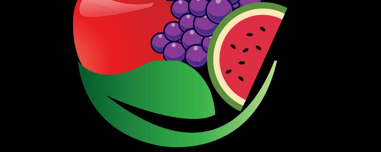 Kolorowa grafika z pomidorem, winogronami i plasterkiem arbuza.