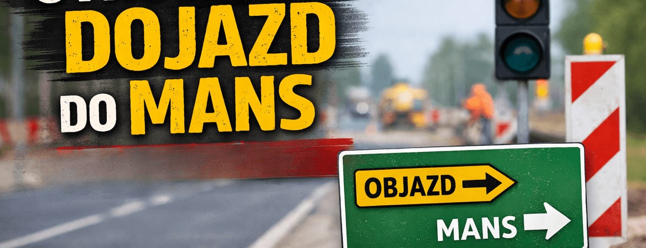 Grafika „Dojazd do MANS” z oznaczeniem objazdu i sygnalizacją świetlną na tle robót drogowych.