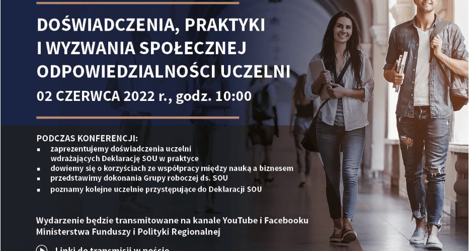 Zapowiedź konferencji o doświadczeniach, praktykach i wyzwaniach społecznej odpowiedzialności uczelni, 2 czerwca 2022 r., godz. 10.00.