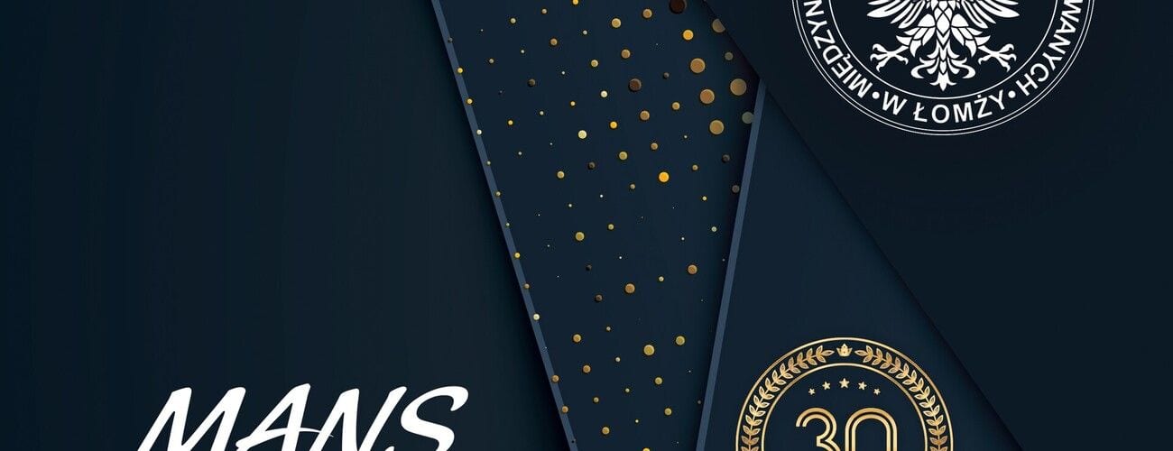 Granatowo-złota grafika jubileuszowa MANS z godłem uczelni i oznaczeniem 30-lecia.