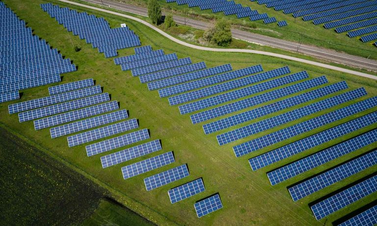 An aerial view of a vast solar farm with many rows of blue panels on green fields.
